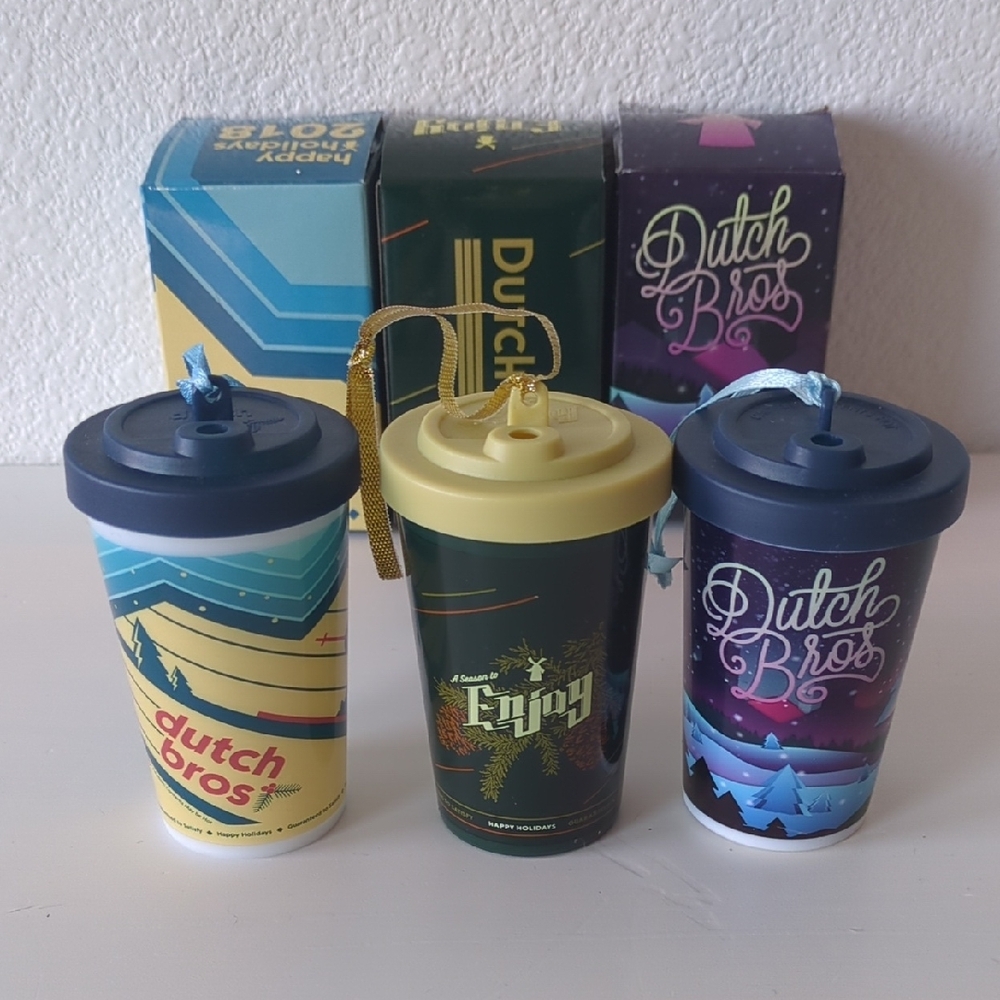 Set of 3 Dutch Bros Festive Holiday Plastic Ornament Cups